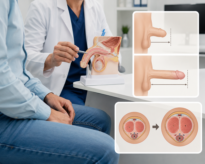 Male Enhancement — penile enlargement consultation with anatomical model